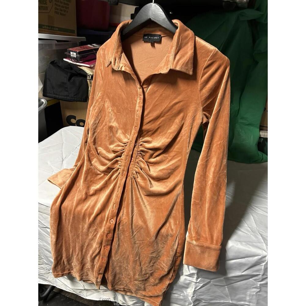 No Vacancy Velvet Shirt Dress Ruched Front Button Up Long Sleeve Size L